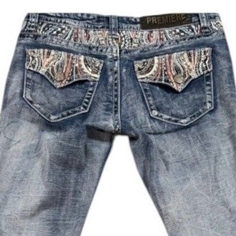 Embellished‎ Embroidered Sequins Bling Pockets Bootcut Jeans 5/6 Mid Rise Denim